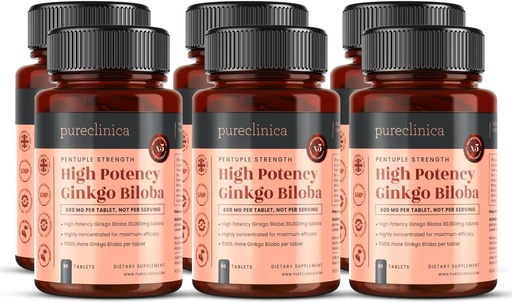 [BRSWIFI4AYABWYLY] pureclinica High Potency Ginkgo Biloba 30,000mg x 540 Tablets (6 Bottles of 90) - 18 Months Supply - 5 Times The Strength of Competitor Products