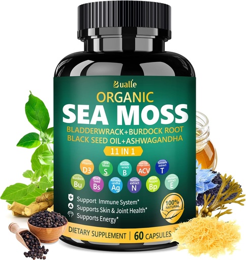 [BRSRAYARBUBAKHL7] Bualle Organic Sea Moss Capsules with Black Seed Oil, Ashwagandha, Bladderwrack, Ginger & Burdock Root – Herbal Complex for Daily Wellness – 60 Capsules (1 Pack)