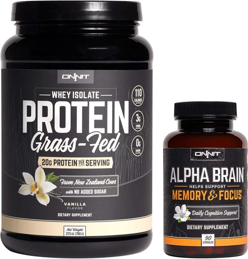 [BRSWYHATDEBGMFLB] ONNIT Nootropic + Sports Nutrition Stack - Alpha Brain (90ct) + Grass Fed Whey Protein (Vanilla)