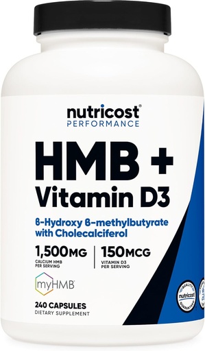 [BRSRMBA2DMFB4ALF] Nutricost HMB (1500 mg) ir Vitamino D3 (6000 TV) papildymas - 240 kapsulių, 80 serverių - Gluten Free ir Non- GMO
