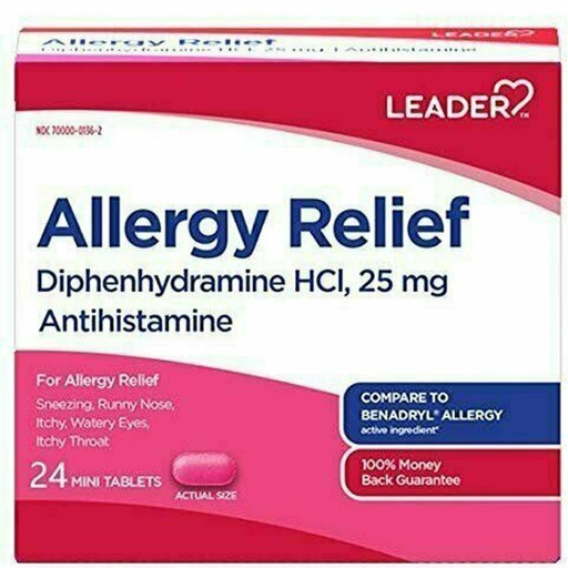 [BRSWGAABPJ6WEE36] Leader Antihistamine Allergy Relief Diphenhydramine HCl, 25mg Mini Tablets, 24 Count