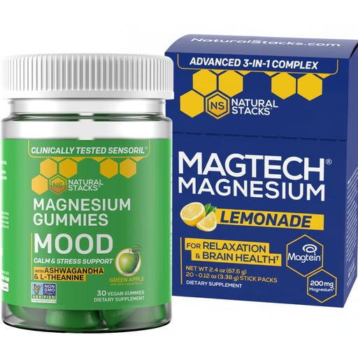 [BRSRAZIYCAFB62T5] NATURAL STACKS Magtech Magnesium Drink Mix + Mood Magnesium Gummies Bundle - 4 Forms of Magnesium - Brain Health, Relaxation & Stress Support* - 35 Servings
