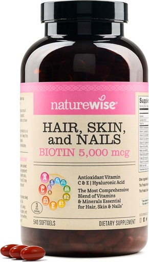 [BRSROGQOCF4AOCA7] NatureWise Hair Skin and Nails Vitamin, Biotin 5000mcg w/Hyaluronic Acid, Collagen for Women with C, B Complex, D3, A, E, Iron - Non-GMO, Gluten Free - 540 Softgels[6-Month Supply]