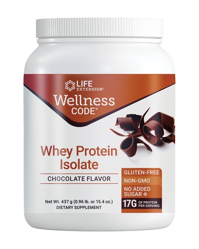 [BRSWGGLYC54BACTG] Life Extension Wellness Code® Whey Protein Isolate (Chocolate), Protein and branched-Chain Amino acids for Muscle Growth & Immune Health, no Sugar Added, Gluten Free, Non-GMO, 437 Grams, 20 Servings