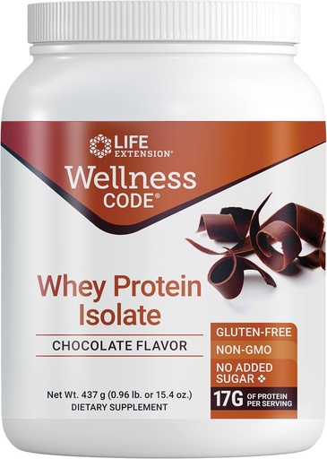 [BRSWGGLYC54BACTG] Life Extension Wellness Code® Whey Protein Isolate (Chocolate), Protein eta adardun Amino azidoak muskulu-hazkuntzarako, azukre gehigarririk gabe, Gluten Free, Ez-GMO, 437 Grams, 20 Zerbitzari