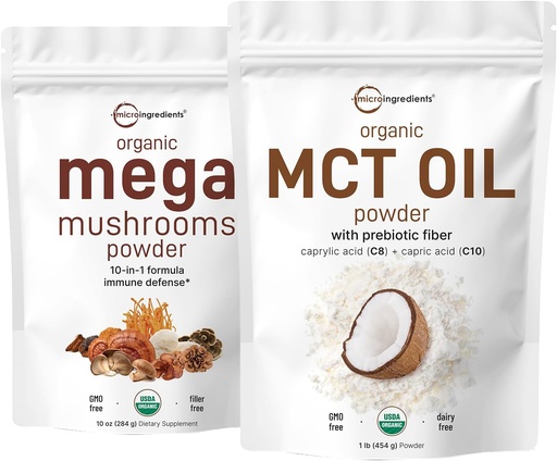 [BRSROZA6BB5AI33F] Micro Ingredientes Ecológico Mega Mushroom Polvo 10oz & Orgánica MCT Petróleo Polvo 1lb Bundle 2 Pack ← 10 en 1 Complejo de Mushroom Aceite, Cremadora de Plantas