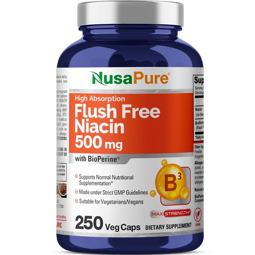 [BRSWGGQRCACRM3A7] NusaPure Flush Free Niacin - Suitable for Vegetarian/Vegan, Non - GMO - 500 mg - 250 Capsules