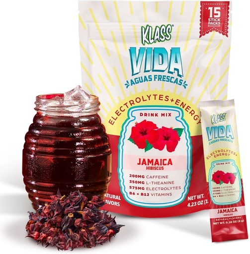[BRSRAGIFCIAQGFDP] KLASS VIDA Energy + Hydration Hibiscus Agua Fresca Electrolyte Powder Packets | Sugar Free Electrolyte Drink Mix | Hydration Packets with Caffeine, L-Theanine & Coconut Water | 15 Stick Packs