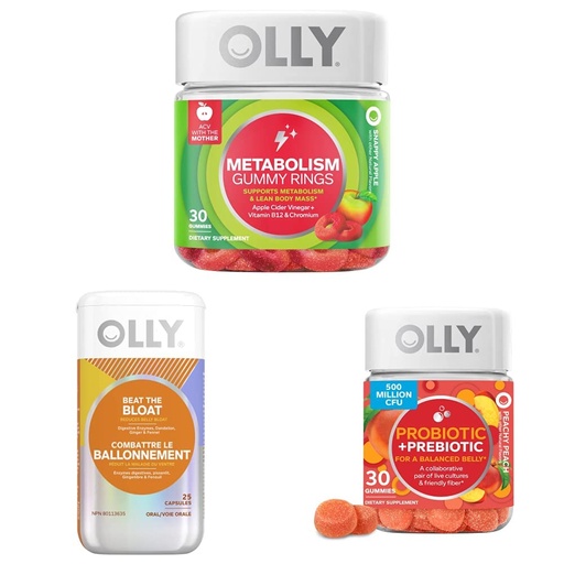 [BRSROYAQPINBQALH] OLLY Metabolism Gummy Rings, Apple Cider Vinegar, Vitamin B12, Chromium, Energy and Digestive Health Chewable Supplement (30 Count) and OLLY Beat The Bloat Capsules, Digestive Support Enzymes, Supplement for Women (25 Count)