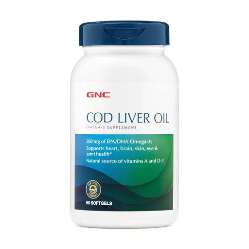 [BRSWKHY2OEMRAAY4] GNC Cod Liver Oil Omega 3 Supplement, 260mg EPA and DHA, Supports Heart, Brain, Skin, Eye and Joint Health, 90 Softgels