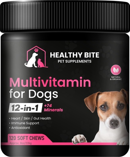[BRSROHD6AF6QOALK] Healthy Bite 12 in 1 Multivitamin for Dogs - Skin and Coat Supplement, Immune Support, Pet Vitamins, Calcium for Dogs Made in USA - 120 Count