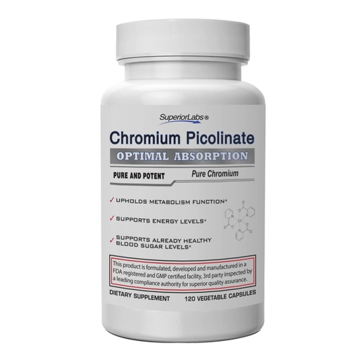 [BRSWIAD4BYIR4FTM] Superior Labs Chromium Picolinate 500mcg, High Absorption, Non-GMO, Blood Sugar & Metabolism Support, Weight and Food Craving Management, Helps Energy & Insulin Sensitivity, 120 Veg Caps