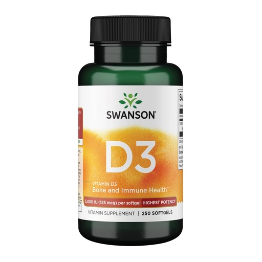[BRSWIZQBOZ7BMETK] Swanson Vitamin D3 5,000 IU Bone, Immune, and Heart Health Supplement for Sun-Deprived Adults Seeking Bone, Immune, and Heart Support - 125 mcg Cholecalciferol (250 Softgels)