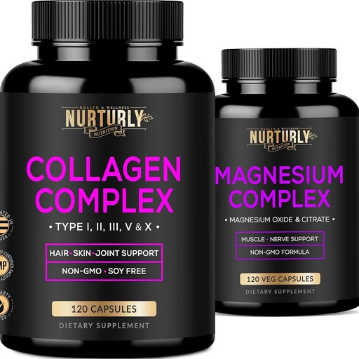 [BRSW22TYAF5BOCDL] Magnesium Citrate & Oxide 500mg Complex Supplement and Multi Collagen Peptides Powder Capsules - High Absorption Maximum Strength - Hydrolyzed Collagen Peptides