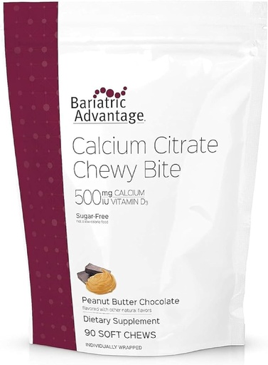 [BRSWIFIIBYNB6DDI] Bariatric Advantage Calcium Citrate Chewy Bites 500 mg - Highly Absorbable & Digestible - Vitamin D3 - Easily Chewable Calcium Supplement - Peanut Butter Chocolate - 90 Count