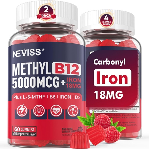 [BRSRMHYCDIAQG3Q4] NEVISS Methyl B12 vitamins 5000 mcg Gummies + Iron 18 mg cho phụ nữ - Methylcobalamin tích cực Methylated B12 phụ trợ w/L-MethylFolate, B6 (P5P) & D3 cho hỗ trợ năng lượng và tiêu điểm, 120 phục vụ