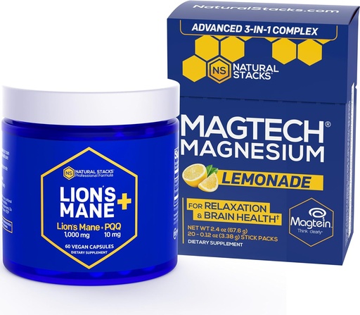 [BRSRAFIHO4PAGFL4] NATURAL STACKS Magtech Magnesium Lemonade Drink Mix + Lions Mane Mushroom Supplement Bundle - Supports Relax, Brain Health & Memory* - 50 Servings
