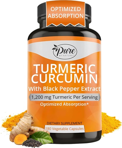 [BRSWG2Y3CV5QGEIV] Pure by Nature Turmeric Curcumin with Black Pepper Extract 10 mg Kapsule, 1200 mg per Serving, Organic, High Absorbtion Antioxidant Support (180 Počet)