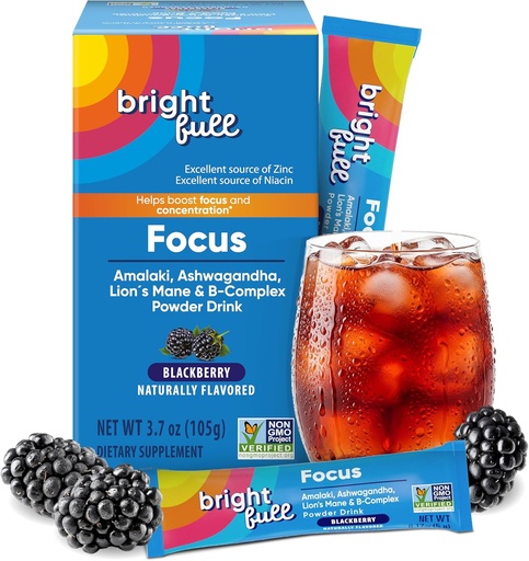 [BRSRAZT2CUFBSD33] Supplement Focus Sugar Free Dietary Supplement Drink Mix with Ashwagandha, Lion’s Mane, B Vitamins B1 B2 B3 B5 B6 B12, for Cognitive Performance & Clarity BlackBerry, 21 Day Supply