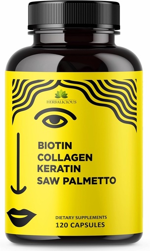 [BRSROZINO4BRAET3] HERBALICIOUS Biotin Vitamins with Collagen, Keratin & Saw Palmetto for Women and Men - Biotin 10000 mcg Hair Skin Nails Supplement for Hair, Skin, and Nails Wellness - Made in USA, 120 Capsules
