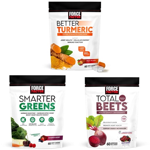 [BRSROYAQAUMAI2A2] Force Factor Better Turmeric Joint Support Supplement & Smarter Greens Superfood Chews, 60 Soft Chews & Total Beets Soft Chews, 60 Chews