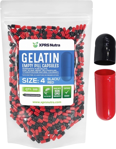 [BRSWY2QLAUCBA3YZ] XPRS Nutra Size 4 Empty Capsules - 500 Count Small Empty Gelatin Capsules - Pills DIY Capsule Filling - Fillable Bovine Pill Gel Caps for Do-It-Yourself Supplements (Black/Red)