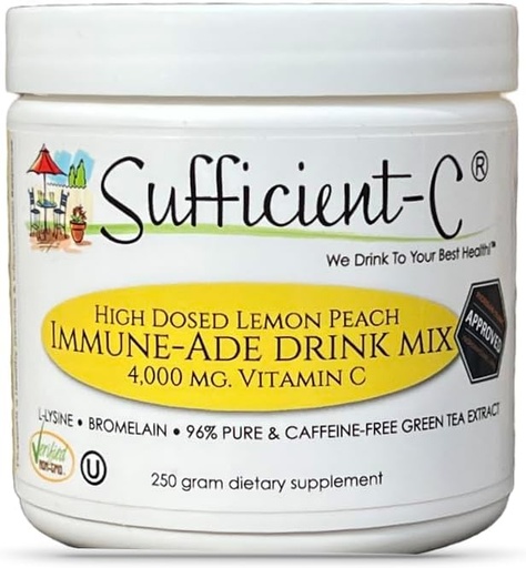 [BRSWIEI6CNYWIF3M] Suficiente-C High-Dosed 4000 mg. Vitamina C Lemon Peach Imune-Ade Drink Mix 250 gramas Tamanho - Refrescante com L-lisina Generosamente Doseada, Bromelaína e 96% Puro, Cafeína-livre de extrato de chá verde