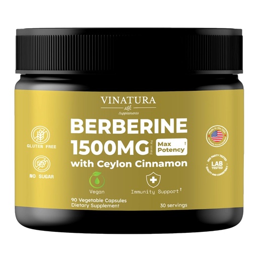 [BRSRAZT3OR4GEHLU] VINATURA Berberine 1500mg - Berberine Supplement with Ceylon Cinnamon, Max Potency Berberine HCL - 90 Capsules