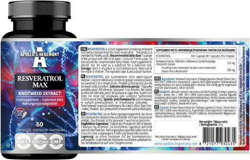 [BRSRAFQZDICGYCDP] APOLLO's HEGEMONY Resveratrol Max - 500 mg por cápsula - 60 cápsulas veganas - Extracto de alta pureza 98% - soporta a saúde circulatoria - Antioxidante natural - Suplemento dietético
