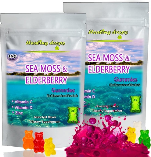 [BRSW2CYROZ4G2ELA] Irsk sjø Moss Gummies – Raw Organic Wildcred Sun-Dried Seamoss pulver Gel - med Bladderwrack Burdock Root – Alkaline Keto Vegan Non-GMO – Skin Detox (Elderberry)
