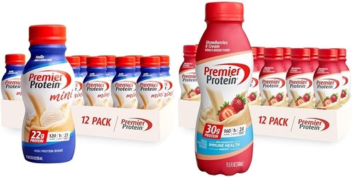 [BRSRAYANO54AAAAZ] Premier Protein Shake MINIs Vanilla 22g Protein 120 Calories Pack of 12 & Strawberries Premier Protein Shake 30g Protein 160 Calories Pack of 12