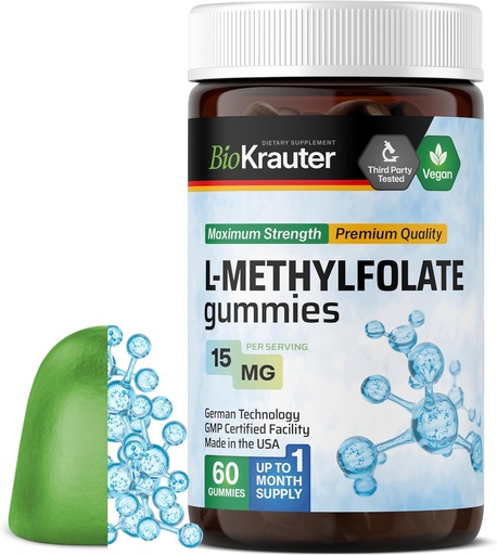[BRSRMEIDOYMBUHT4] BIO KRAUTER L Methylfolate Gumies - 25 mg DFE - 60 Vegan Chews - MTHF kiegészítés - Folate Supplement - Folic Acid Gumies (B9-vitamin) - Gelatine- Free Formula