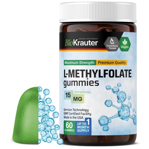 [BRSRMEIDOYMBUHT4] BIO KRAUTER® L-Methylfolate Gummies for Folic Support - Folic Acid Gummies (Vitamin B9) MTHF Supplement for Brain & Mood Support - L Methylfolate 15 mg, Non-GMO, 60 Vegan Gummies, 30-Day Supply