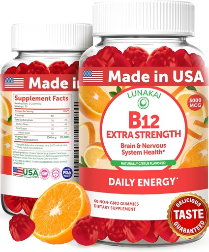 [BRSWYZYFCIMWOCLD] Lunakai thêm sức mạnh 3000mmcg vitamin B12 Gummies - USA Made, ngon lành Daily Ex & Metabolism Hỗ trợ - Trung tâm hỗ trợ B12 Methylcobalin 60ct