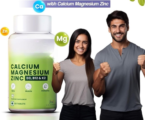 [BRSROAY5BEGQKCDB] Calcium, Magnesium, Zinc with Vitamin D3 & B12, 1000mg I 60 Veg Tablets|Support Strong Joints Health |for Both Men & Women, 1 Count, 60 Capsules