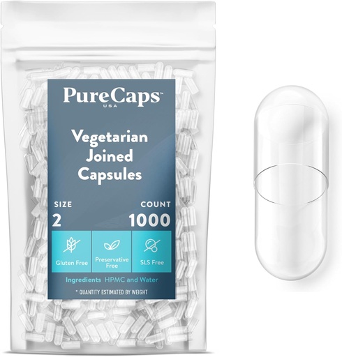 [BRSW2BIODEBBE3LD] PureCaps USA - Empty Vegetarian Vegan Pill Capsules Size 2| 1,000 Joined Pills| Clear| Non-GMO Certified | SLS, Gluten, Preservative Free