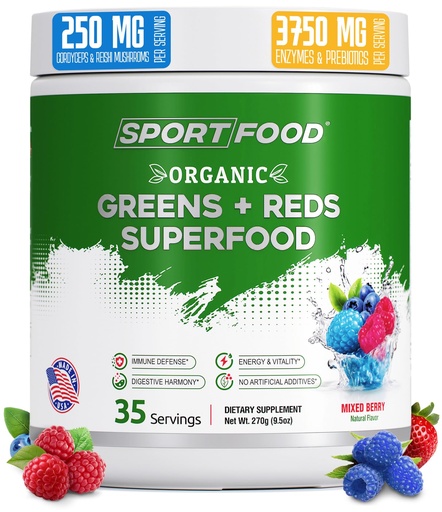 [BRSRAYIEAUDQOEI2] Organic Greens & Reds Superfood Powder | Mixed Berry Flavor | 25+ Super Fruits & Veggies, Beets, Prebiotics | Energizing, Antioxidant-Rich, Keto-Friendly Smoothie Mix | 35 Servings