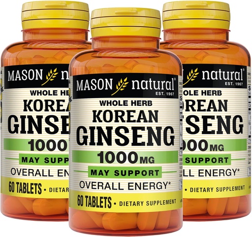 [BRSW2CQ7CB7A2HY2] MASON NATURAL Korejiešu žeņšeņs 1000 mg, Atbalsta Enerģētika, Izturība un Vitalitāte, 60 tabletes, Iepakojums pa 3