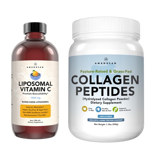 [BRSRAZINOUHQG2DD] AMANDEAN Premium Liposomal Vitamin C & Bovine Collagen Peptides Bundle. Powerful Antioxidant. Liquid Quali-C. Grass-Fed Collagen. Hydrolyzed Type 1 & 3. Immune Support. Healthy Skin, Hair & Nails
