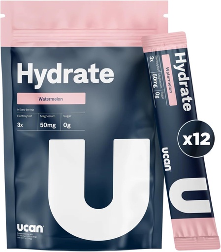 [BRSRA2QKCUCROA37] UCAN Hydrate Electrolite Drink Mix (Watermelon, 12 Stickpacks) Sugar- Free, Keto- Friendly, Vegan, Non-GMO, Gluten- Free Electrolite Powder with Pottasium & Magnesium for Runners & Athletes