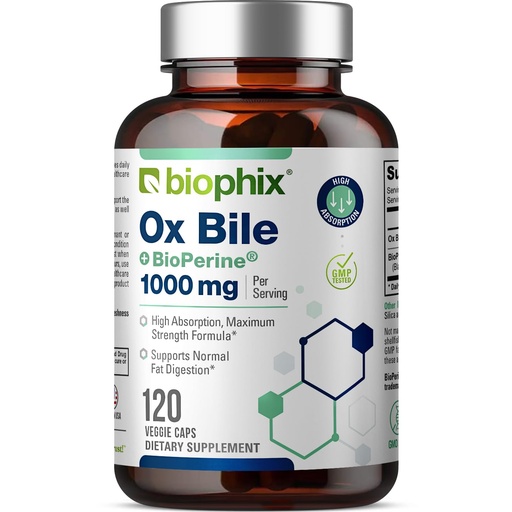 [BRSRMGI5BMFR63LH] biophix Ox Bile 1000 mg with BioPerine 120 Veggie Capsules - High Absorption Digestive Enzymes Supplement - Liver Metabolic GI Fat Metabolism Support