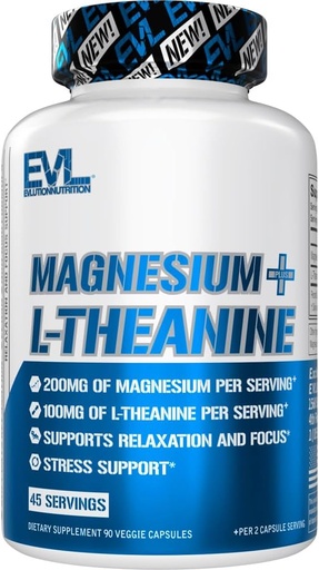 [BRSRAAQDABYAOHTZ] Evlution Nutrition Magnesium + L-Theanin - Natural Relaxation & Focus Support - 200mg Magnesium + 100mg L-Theanin - Vegan & Non-GMO - Nahrungsergänzung - 45 Servietten - 90 Veggie Kapseln