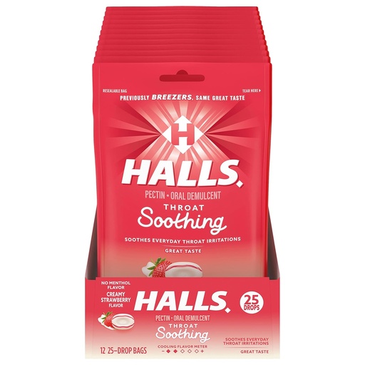 [BRSWIYQAO4NB4AA7] HALLS Throat Soothing (Previously HALLS Breezers) Creamy Strawberry Throat Drops, 12 Bags of 25 Drops (300 Total Drops)
