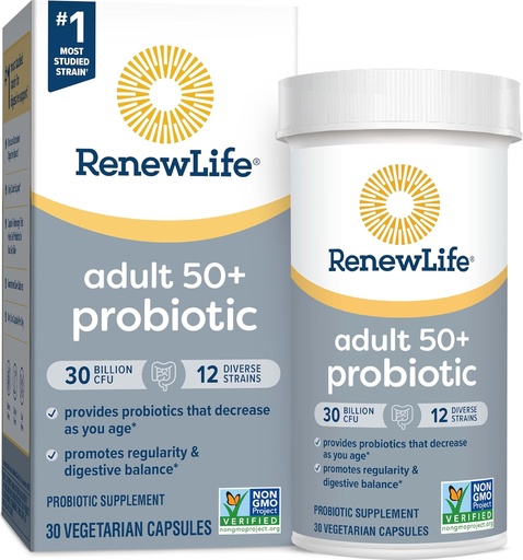 [BRSWIY3YAUIG22AZ] Renew Life Probiotic Adult 50 Plus Probiotic Capsules, Daily Supplement Supports Urinary, Digestive and Immune Health, L. Rhamnosus GG, Dairy, Soy and gluten-free, 30 Billion CFU, 30 Count