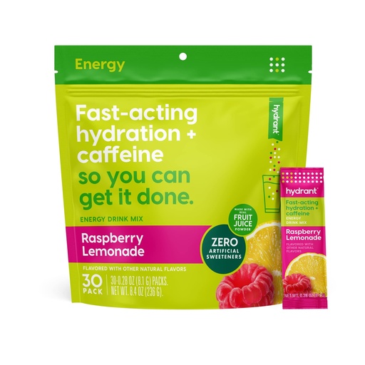 [BRSWYFIZOVYQ2H3Z] Hydrant - Energy Electrolyte Powder, Raspberry Lemonade Flavor, 30 Caffeine & L-Theanine Energy Hydration Stick Packs - Low Sugar Energy Powder for Daily Use