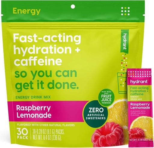 [BRSWYFIZOVYQ2H3Z] Hydrant - Energy Electrolyte Powder, Raspberry Lemonade Flavor, 30 Caffeine & L-Theanine Energy Rehydration Stick Packs - Låg socker energipulver för daglig användning