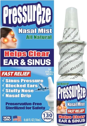 [BRSWIEDZBIGA2EL4] Pressureze Nasal Spray - All Natural Preservative-Free Sterile - Fast Relief Nasal Spray - for Sinus Allergies Congestion Blocked Ears Loud Snoring | 130 Sprays, 18 ml
