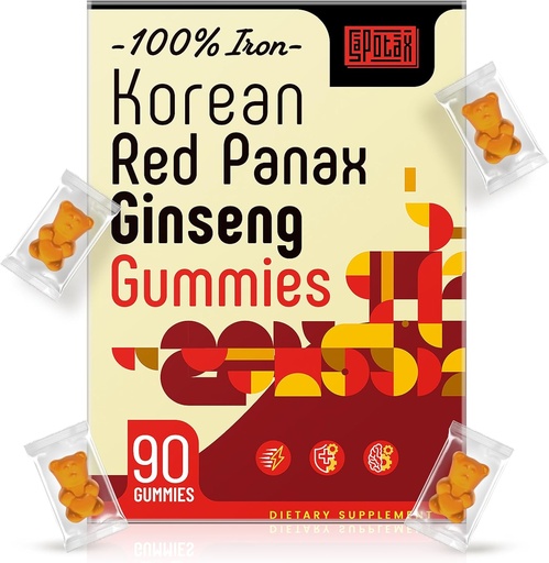 [BRSRAAQKCAFRSD3V] koreansk rød Panax Ginseng Supplement Gummies - jerntilskudd for kvinner og menn - jern gummer med vitamin C, B6, B12, Kalium og magnesium, Vegan - 90 greve