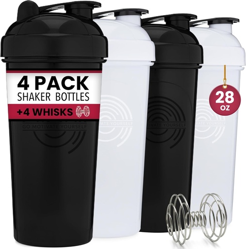 [BRSRMZLROUDQ4FL3] GOMOYO 4-Pack - 28 Ounce Protein Shaker Bottle for Mixes, 4xWire Whisk, Leak Proof Bulk Supplement Mixes and Pre-Workout Shaker Cups, Dishwasher Safe & BPA Free, Black & White