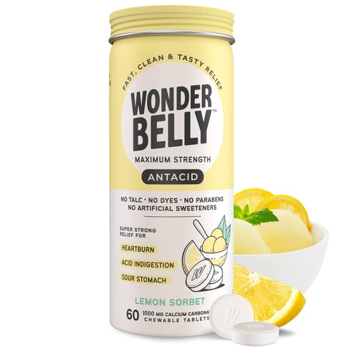 [BRSRAZIECAJWCCIY] Wonderbelly Antacid, Effective Heartburn and Instant Acid Indigestion Relief, Extra Strength Chewable Tablets, 1000 mg Calcium Carbonate, No Talc or Dye, Lemon Sorbet, 60 Count